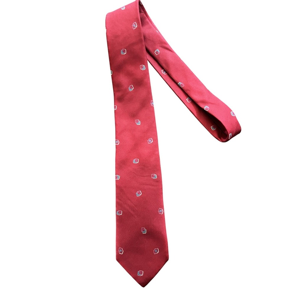 Pierre Cardin Necktie Mens 3" Red Geometric Square Pattern 100% Silk Vintage